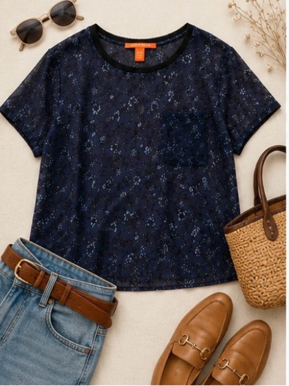 Joe Fresh Sheer Floral Blouse | Navy Blue | Size Medium